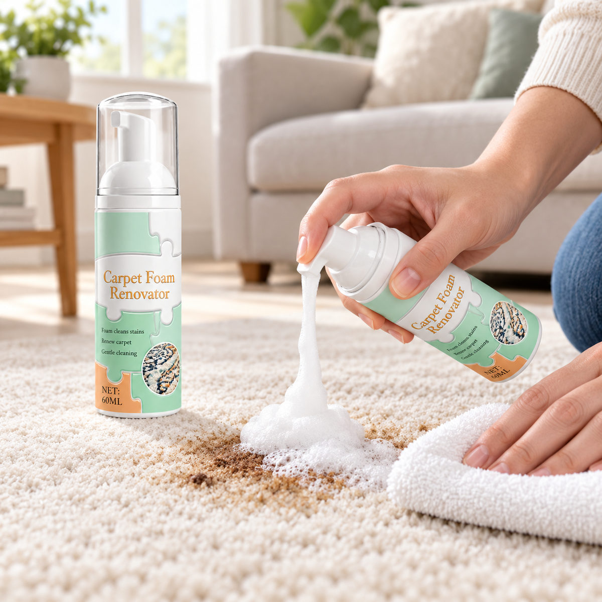 Waterless Carpet Foam Stain Remover with Towel